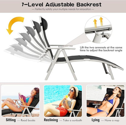 Giantex Chaise Lounge Chair for Outside, Pool Folding Reclining Beach Chair W/Removable Cushion&Headrest Pillow, Outdoor Lounge Chaise w/ 7 Backrest Positions, Portable Patio Lounger (1, Black)