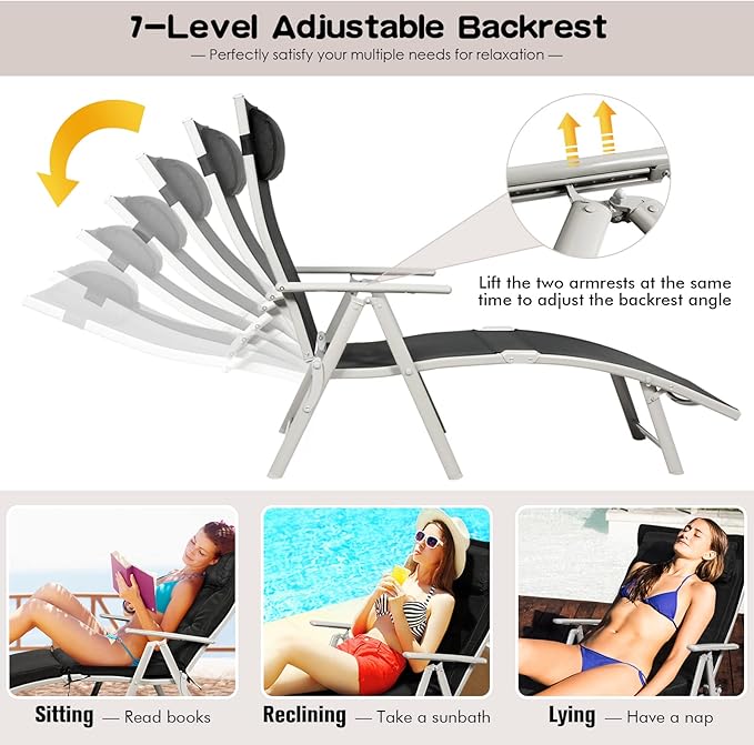 Giantex Chaise Lounge Chair for Outside, Pool Folding Reclining Beach Chair W/Removable Cushion&Headrest Pillow, Outdoor Lounge Chaise w/ 7 Backrest Positions, Portable Patio Lounger (2, Black)
