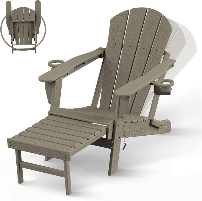 BRIOPAWS Folding Adirondack Chair with Adjustable Backrest & Ottoman, Wood Texture All-Weather HDPE Outdoor Chairs w/Cup Holders & Retractable Footrest for Poolside, Fire Pit, Campfire, Light Brown