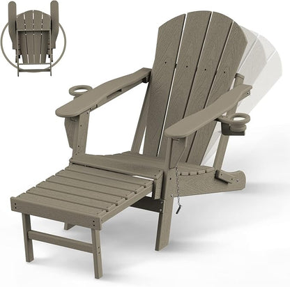 BRIOPAWS Folding Adirondack Chair with Adjustable Backrest & Ottoman, Wood Texture All-Weather HDPE Outdoor Chairs w/Cup Holders & Retractable Footrest for Poolside, Fire Pit, Campfire, Light Brown