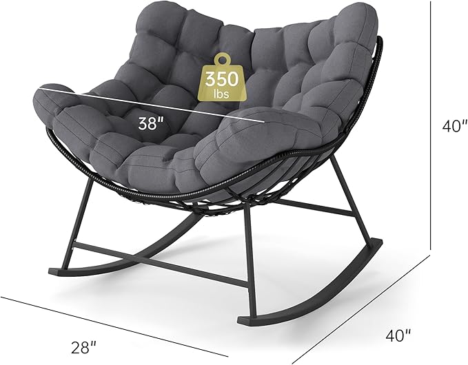 Kromax Oversized Outdoor Papasan Rocking Chair Set of 2, Wicker Egg Chair Rocker for Outside, Comfy Patio Rocker, Large Indoor Rocking Recliner, Modern Egg Style, Grey