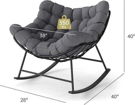 Kromax Oversized Outdoor Papasan Rocking Chair Set of 2, Wicker Egg Chair Rocker for Outside, Comfy Patio Rocker, Large Indoor Rocking Recliner, Modern Egg Style, Grey