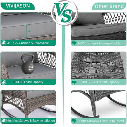 VIVIJASON Outdoor Wicker Rocking Chair, Patio Rattan Rocker Chair with Cushions & Steel Frame, All-Weather Rocking Lawn Wicker Furniture for Garden Backyard Porch (Grey)