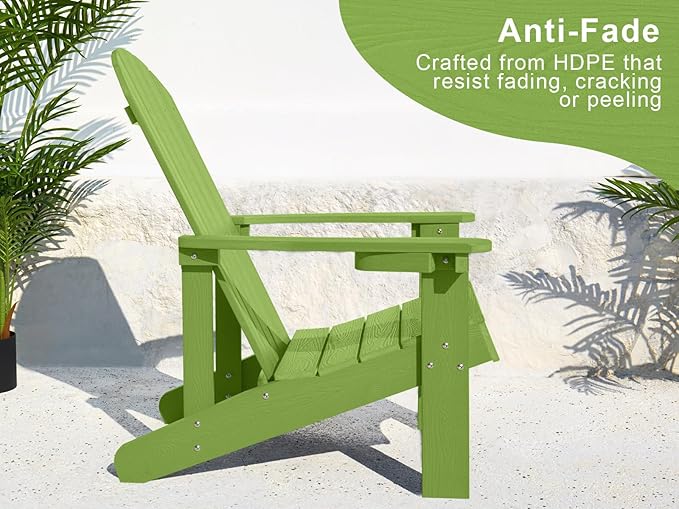 Y&M Adirondack Chair Set of 2, Lime Fire Pit Chairs, Outdoor Patio Chairs with Cup Holder, Weather Resistant HDPE Wooden Textured Patio Chairs, Perfect for Garden, Lawn, Deck, or Poolside