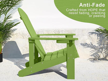Y&M Adirondack Chair Set of 2, Lime Fire Pit Chairs, Outdoor Patio Chairs with Cup Holder, Weather Resistant HDPE Wooden Textured Patio Chairs, Perfect for Garden, Lawn, Deck, or Poolside