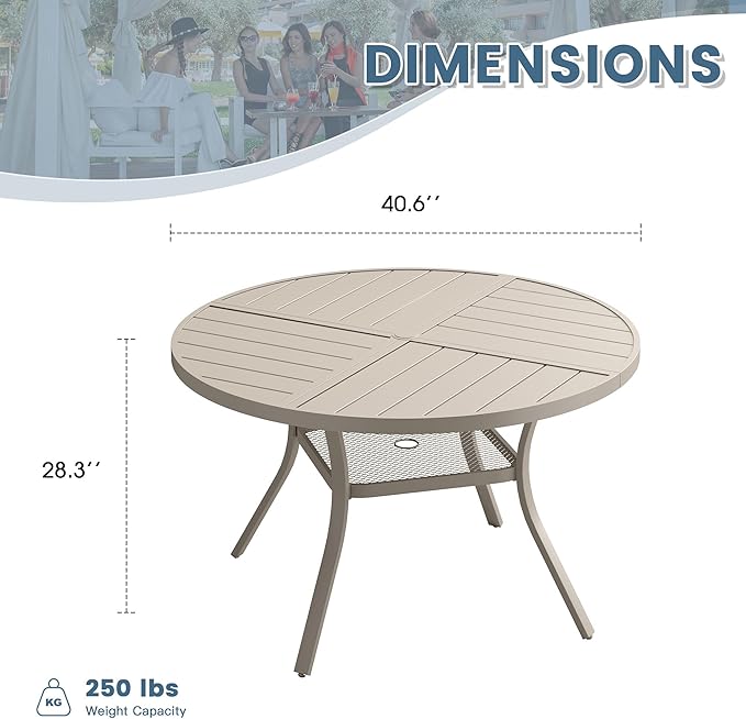 DIFY 40.6" Round Outdoor Patio Dining Table for 4, All-Weather Metal Steel Slatted Patio Table with 1.57" Adjustable Umbrella Hole, for Lawn Garden Porch Backyard, Sandshell