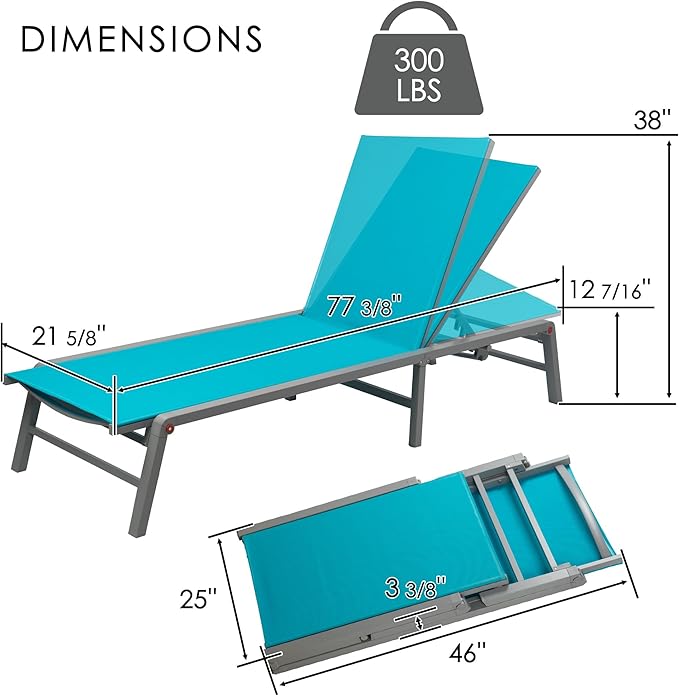 Kozyard 2-Pack Outdoor Lounge Chairs, Foldable Aluminum Frame Patio Chaise Lounge with 5-Position Adjustable Backrest, No Assembly, Breathable Textilene Fabric for Poolside Beach (Aqua, No Table)