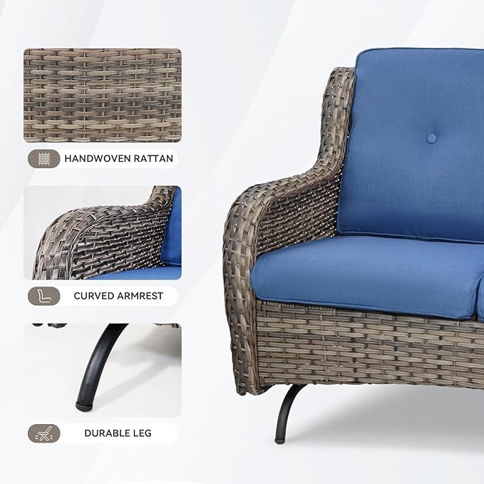 Patio Loveseat Wicker Loveseat Rattan Glider Sofa with Curved Armrest Thicking Back & Seat Cushions for Garden Balcony Backyard Grey Wicker|Blue Cushions (A) Patio Loveseat Glider
