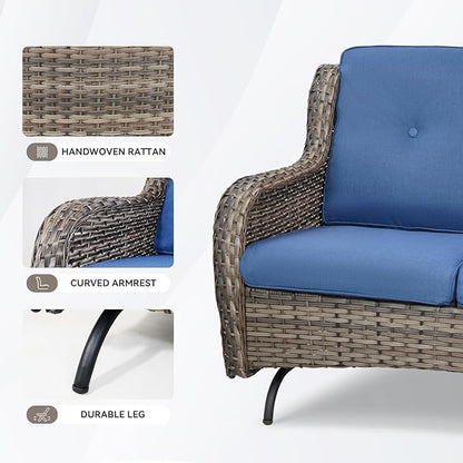 Patio Loveseat Wicker Loveseat Rattan Glider Sofa with Curved Armrest Thicking Back & Seat Cushions for Garden Balcony Backyard Grey Wicker|Blue Cushions (A) Patio Loveseat Glider