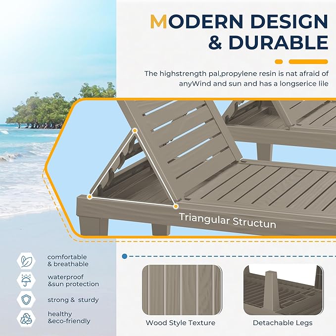 2 Patio Lounge Chair, Resin Outdoor Chaise Lounge with Waterproof Design & Lightweight Frame - Photo 7
