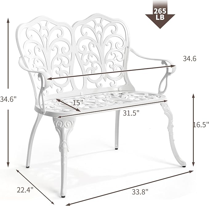 HOMEFUN Outdoor Bench, Patio Garden Benches Waterproof Metal Loveseat Cast-Aluminum Outdside Furniture for Park Lawn Front Porch White