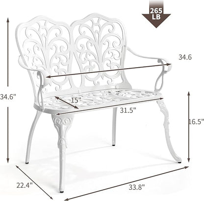 HOMEFUN Outdoor Bench, Patio Garden Benches Waterproof Metal Loveseat Cast-Aluminum Outdside Furniture for Park Lawn Front Porch White