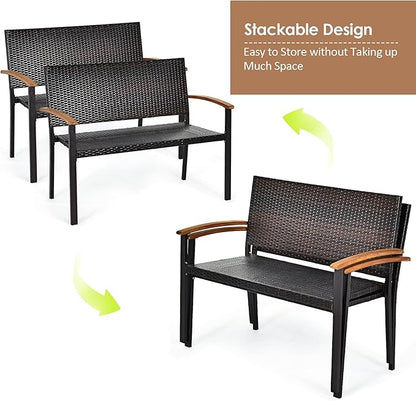 Tangkula Patio Wicker Bench, All Weather Rattan Bench w/Acacia Wood Armrest, Outdoor Loveseat Chair, Lightweight Patio Stackable Dining Bench for Front Porch, Backyard, Lawn, Garden, Pool, Deck