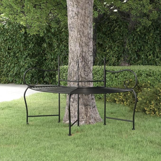 Wrap-Around Design Metal Tree Bench, Outdoor Seating for Garden/Patio/Yard, 59.1" Black Steel,-308