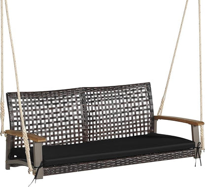 Tangkula 2 Person PE Wicker Porch Swing Bench, Outdoor Hanging Swing with Soft Seat Cushion and Hanging Ropes(Length of 118" for Each Chain), 800 LBS Weight Capacity
