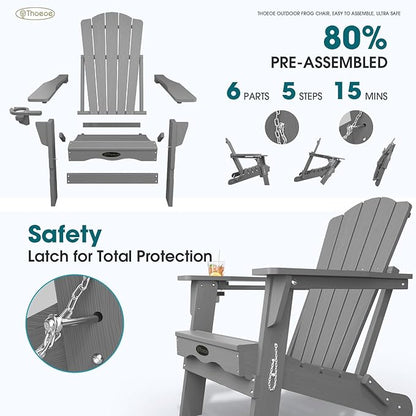 Folding Adirondack Chair,HDPE All-Weather Outdoor Chair with Cup Holder,Wooden Textured,Fire Pit Chair,Plastic Patio Chair for Deck,Backyard,Garden,Lawn(Grey)