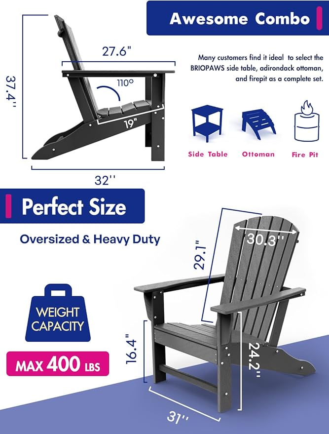 BRIOPAWS Adirondack-Chairs-Set of 6 | Fire Pit Chair | Oversized | HDPE Plastic | Weather Resistant | for Deck Outdoor Poolside Campfire | Grey