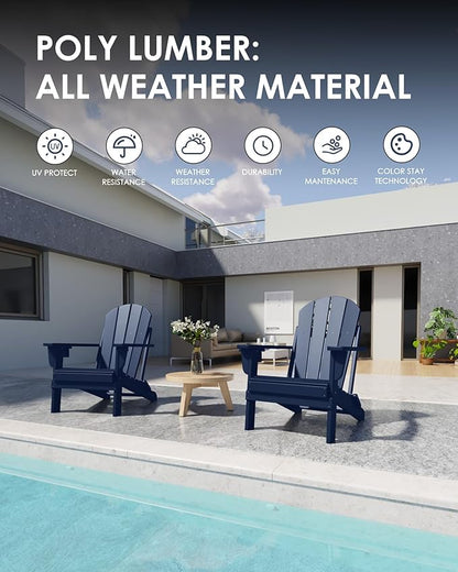 Folding Adirondack Chairs Set of 4, All-Weather Resistant HDPE Patio Firepit Chairs, Sturdy Outside Chairs with Cup Holder, Lawn Chairs, 80% Pre-Installed Load Capacity 385lb, Navy Blue