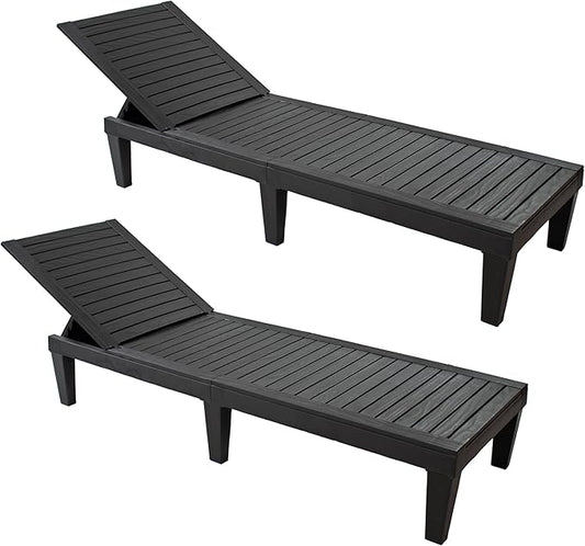 Sunnydaze 5-Position Outdoor Adjustable Chaise Lounge Chair - UV- and Weather-Resistant Polypropylene Resin - Wood-Look Design - Black - Set of 2