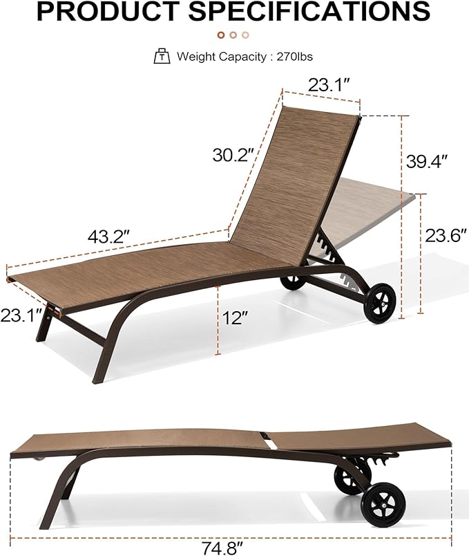 Crestlive Products Outdoor Chaise Lounge Chairs with Wheels Set of 2, Pool Lounge Chairs with 5 Adjustable Position for Patio, Poolside, Yard, Brown