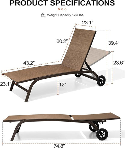 Crestlive Products Outdoor Chaise Lounge Chairs with Wheels Set of 2, Pool Lounge Chairs with 5 Adjustable Position for Patio, Poolside, Yard, Brown