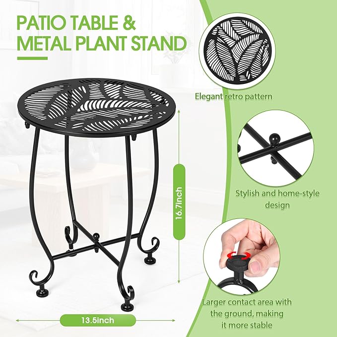 Thyle 2 Pcs Outdoor Side Table with Flower Cutout 13" Metal Small Round Weather Resistant Patio Side Tables for Outside, Balcony, Porch, Garden Bistro Indoor Outdoor Yard(Tropical Leaf)