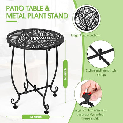 Thyle 2 Pcs Outdoor Side Table with Flower Cutout 13" Metal Small Round Weather Resistant Patio Side Tables for Outside, Balcony, Porch, Garden Bistro Indoor Outdoor Yard(Tropical Leaf)