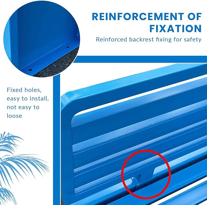 Outdoor Metal Garden Bench,Weather Proof Porch Path Chair,with Backrest,park Benches，Patio Seating For 2-3 Person,Slatted Seat, Patio Yard Bench For Poolside,Balcony,Entryway,blue(L47"x W15" x H32")