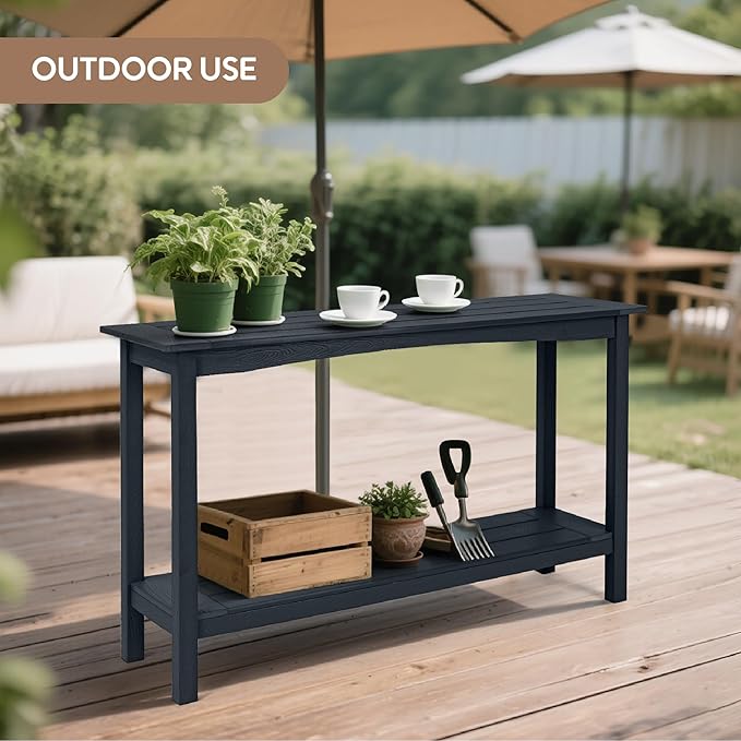 Weatherproof HIPS Outdoor Console Table, 48'' 2-Shelf Side Table Indoor/Outdoor Use, Multifunctional Buffet Table Bar Storage Organizer for Entryway,Yard, Outside Plant Stand Table, Black