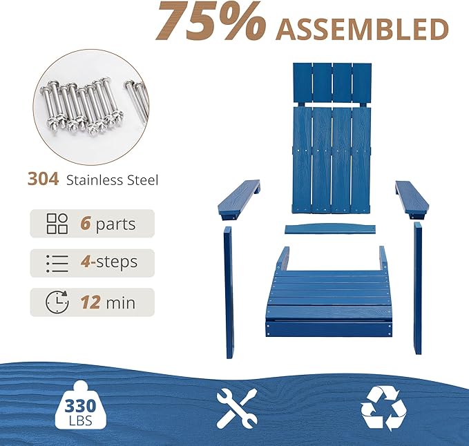 LUE BONA Modern Adirondack Chairs Set of 4, Navy Blue Plastic Adirondack Chair, High Back Poly Adirondack Fire Pit Chairs Weather Resistant, Patio Outdoor Chairs for Porch, Deck, Pool, Garden, 330LBS