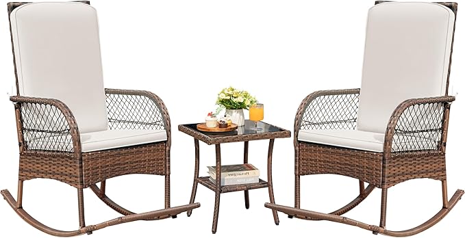 Devoko Outdoor Rocking Chairs 3 Piece Patio Furniture Set with Side Table & Cushions, Wicker Porch Rocker Bistro Set High Back for Balcony, Backyard, Garden (Beige)