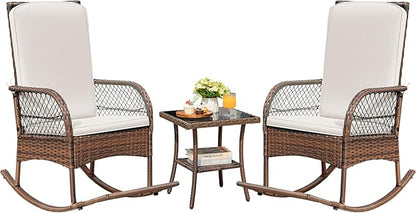 Devoko Outdoor Rocking Chairs 3 Piece Patio Furniture Set with Side Table & Cushions, Wicker Porch Rocker Bistro Set High Back for Balcony, Backyard, Garden (Beige)