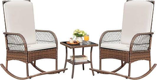 Devoko Outdoor Rocking Chairs 3 Piece Patio Furniture Set with Side Table & Cushions, Wicker Porch Rocker Bistro Set High Back for Balcony, Backyard, Garden (Beige)