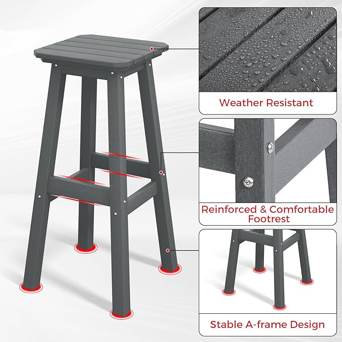 Costaelm 29" Height Outdoor Bar Stools, All-Weather Bar Stools, Adirondack Poly Patio Square Bar Stool for Patio, Deck, Kitchen Counter and Garden, Gray