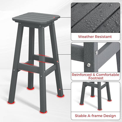 Costaelm 29" Height Outdoor Bar Stools, All-Weather Bar Stools, Adirondack Poly Patio Square Bar Stool for Patio, Deck, Kitchen Counter and Garden, Gray