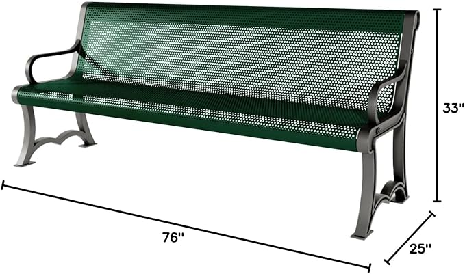 COATEDOUTDOORFURNITURE Coated Outdoor Furniture Heavy-Duty Outdoor Bench Thermoplastic Coated, Punched Steel, Commercial-Grade Garden Bench, Made in America (Portable with Back, 6 Ft, Green)