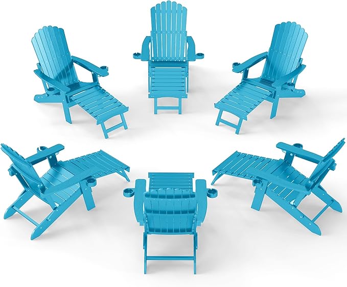 ZHUSI Folding Adirondack Chairs Set of 6 with Retractable Ottoman, Adjustable Adirondack Chair with 2 Cup Holders, Outdoor Chairs for Porch Patio Lawn Balcony Weather Resistant, Lake Blue