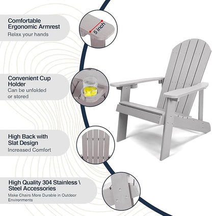 Adirondack Chairs Set of 4, All Weather Resistant Plastic Chairs with Cup Holder, 5 Easy Steps to Install, Outdoor Chairs for Patio, Garden, Backyard Deck, Lawn, Fire Pit - Grey
