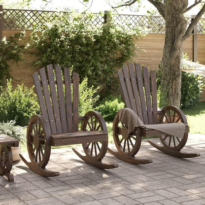 Rocking Adirondack Chair Set of 2, Solid Fir Wood Burnt Brown Finish, 35"x24.4"x39" Rustic Outdoor Patio Rocking Chairs for Garden, Porch, Balcony
