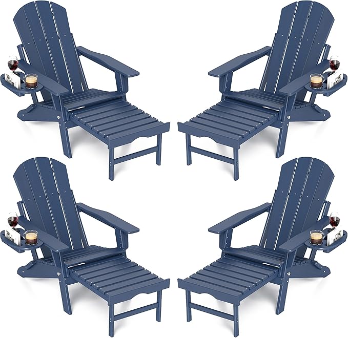 FOOWIN Adirondack Chair with Retractable Ottoman,HDPE Folding Adjustable Adirondack Chair w/4 in 1 Cup Holder Trays,All-Weather Resistant Fire Pit Chair for Outdoor Patio Lawn Set of 4