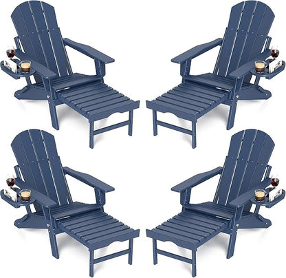 FOOWIN Adirondack Chair with Retractable Ottoman,HDPE Folding Adjustable Adirondack Chair w/4 in 1 Cup Holder Trays,All-Weather Resistant Fire Pit Chair for Outdoor Patio Lawn Set of 4