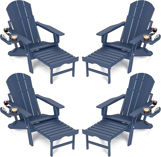 FOOWIN Adirondack Chair with Retractable Ottoman,HDPE Folding Adjustable Adirondack Chair w/4 in 1 Cup Holder Trays,All-Weather Resistant Fire Pit Chair for Outdoor Patio Lawn Set of 4