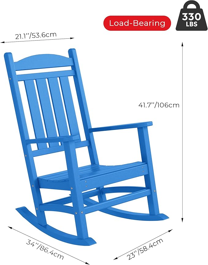 Costaelm Oversized Outdoor Rocking Chair, High Back Porch Rocker Chair, HDPE All Weather Resistant Outdoor Seating Furniture Wide Rocker Chair for Patio, Lawn, Garden, Pacific Blue