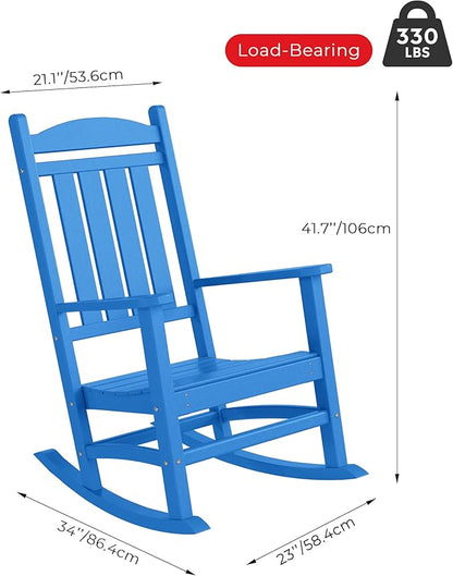Costaelm Oversized Outdoor Rocking Chair, High Back Porch Rocker Chair, HDPE All Weather Resistant Outdoor Seating Furniture Wide Rocker Chair for Patio, Lawn, Garden, Pacific Blue