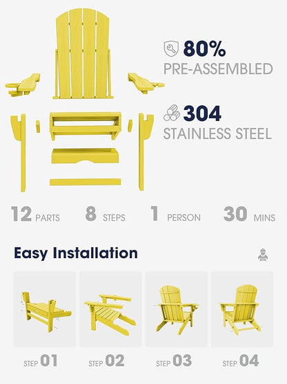 KINGYES Folding Adjustable Adirondack Chair with Ottoman & 2 Cup Holders, HDPE Adirondack Recliner Chair with Footrest, Yellow