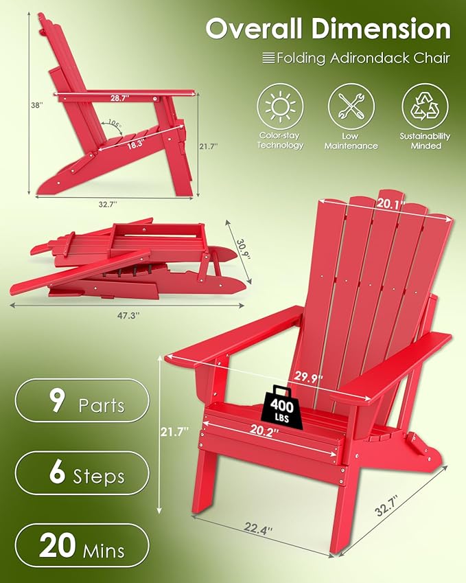 GREENVINES Folding-Adirondack-Chairs-Set-of-6 | HDPE Plastic | Throne Series | Fire Pit Chair | All Weather | for Outdoor Patio Deck Backyard Poolside | Red