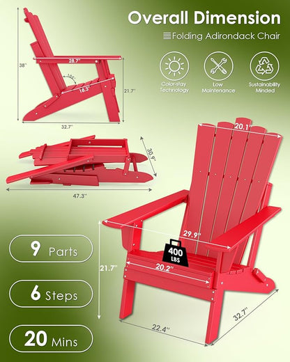 GREENVINES Folding-Adirondack-Chairs-Set-of-2 | HDPE Plastic | Throne Series | Fire Pit Chair | All Weather | for Outdoor Patio Deck Backyard Poolside | Red