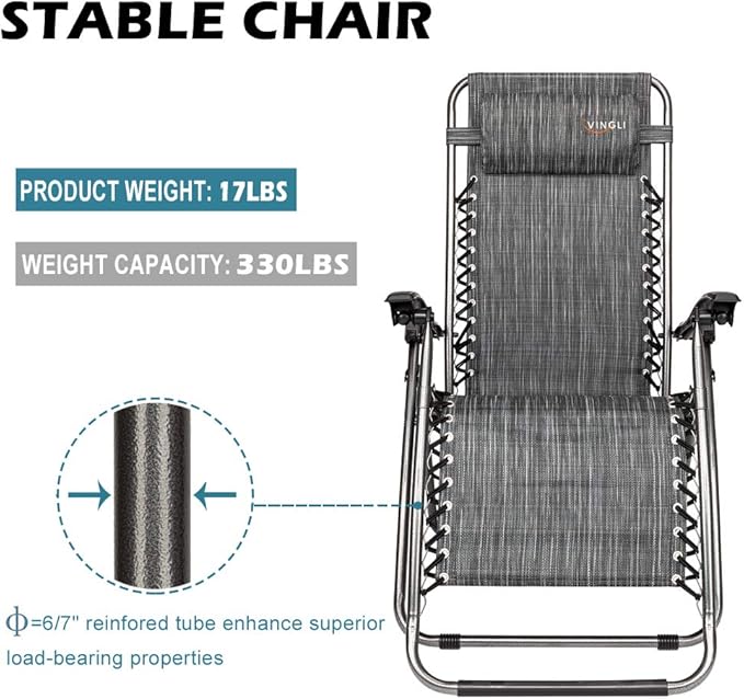 VINGLI Upgraded Zero Gravity Chair Set of 2 Lounge Outdoor Chairs with Trays and Pillows - Photo 4