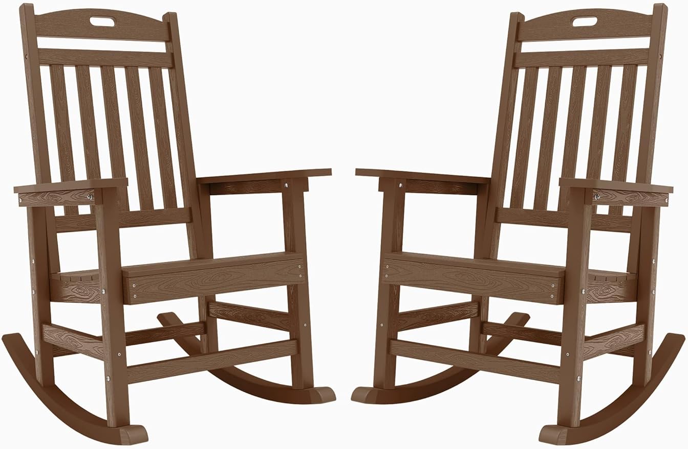 YEFU Outdoor Rocking Chairs Set of 2: Porch Rocking Chairs-Outdoor Patio Rockings Chair-Oversized Rocker Chair-All Weather Poly Rocker Lawn Chair for Adult-Seat Area 22"x21"-Backrest Height 31"-Teak