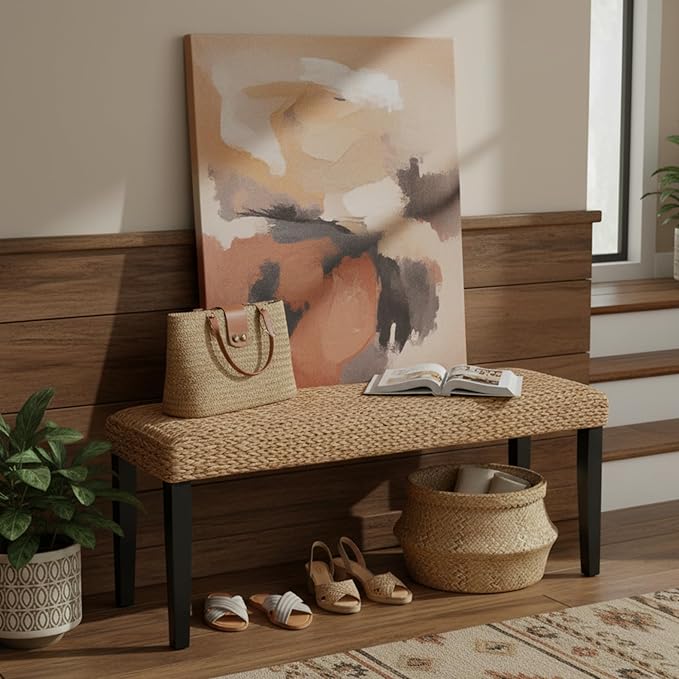 End of Bed Bench for Bedroom, 47" Entryway Bench with Solid Wood Acacia, Water Hyacinth Indoor Bench Seat - Photo 3